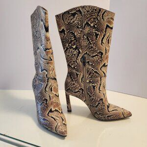 Vince Camuto Tan Snake Print Leather Mid-Calf Heeled Boots